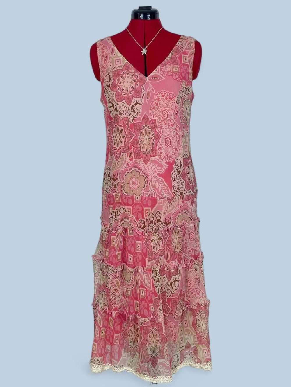 Y2K Pink Paisley Boho Tiered Maxi Dress